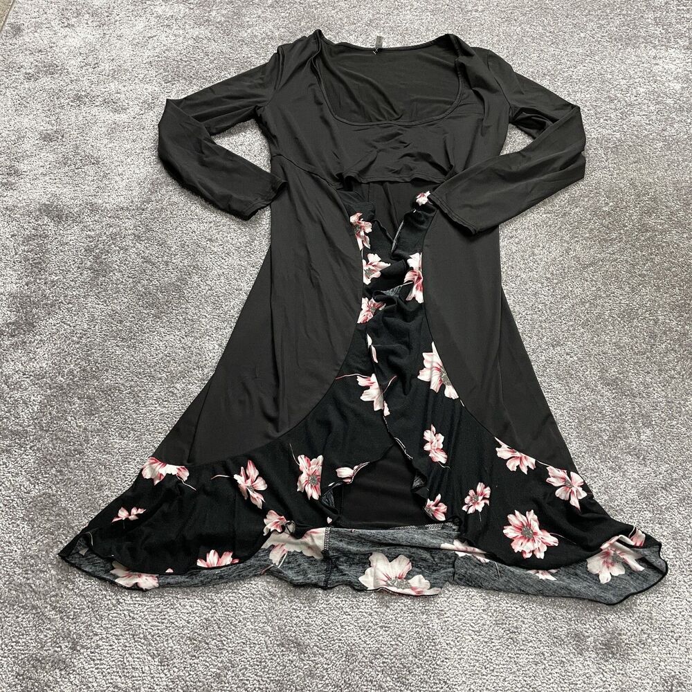 Dressfo Dress Womens Large 14 Black Long Floral Stretch Flare Soft Long Sleeve